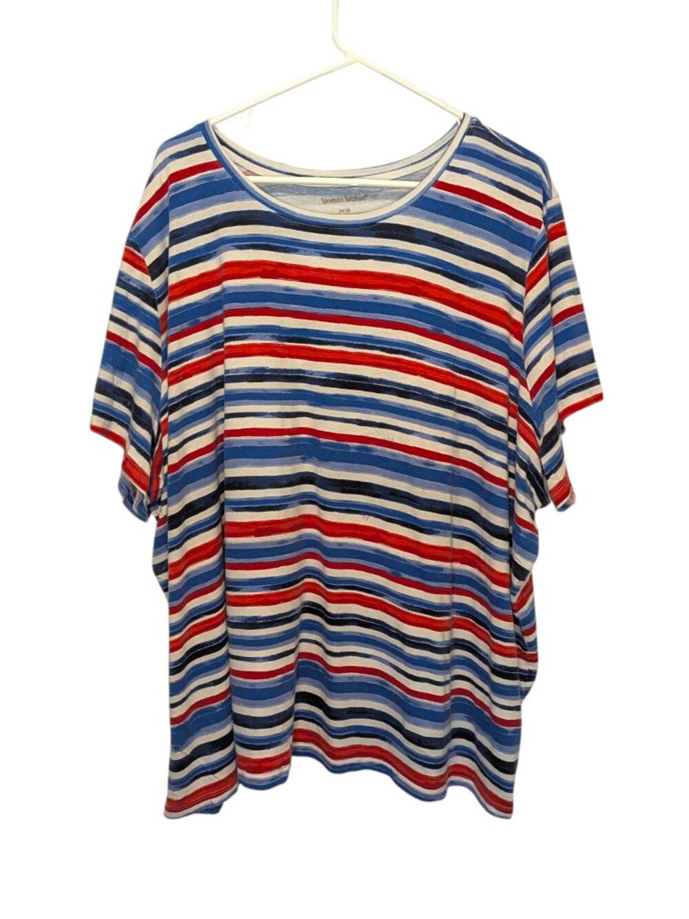 Woman Within Short Sleeve T-shirt 100% Cotton Striped White Red Blue Size 4X.